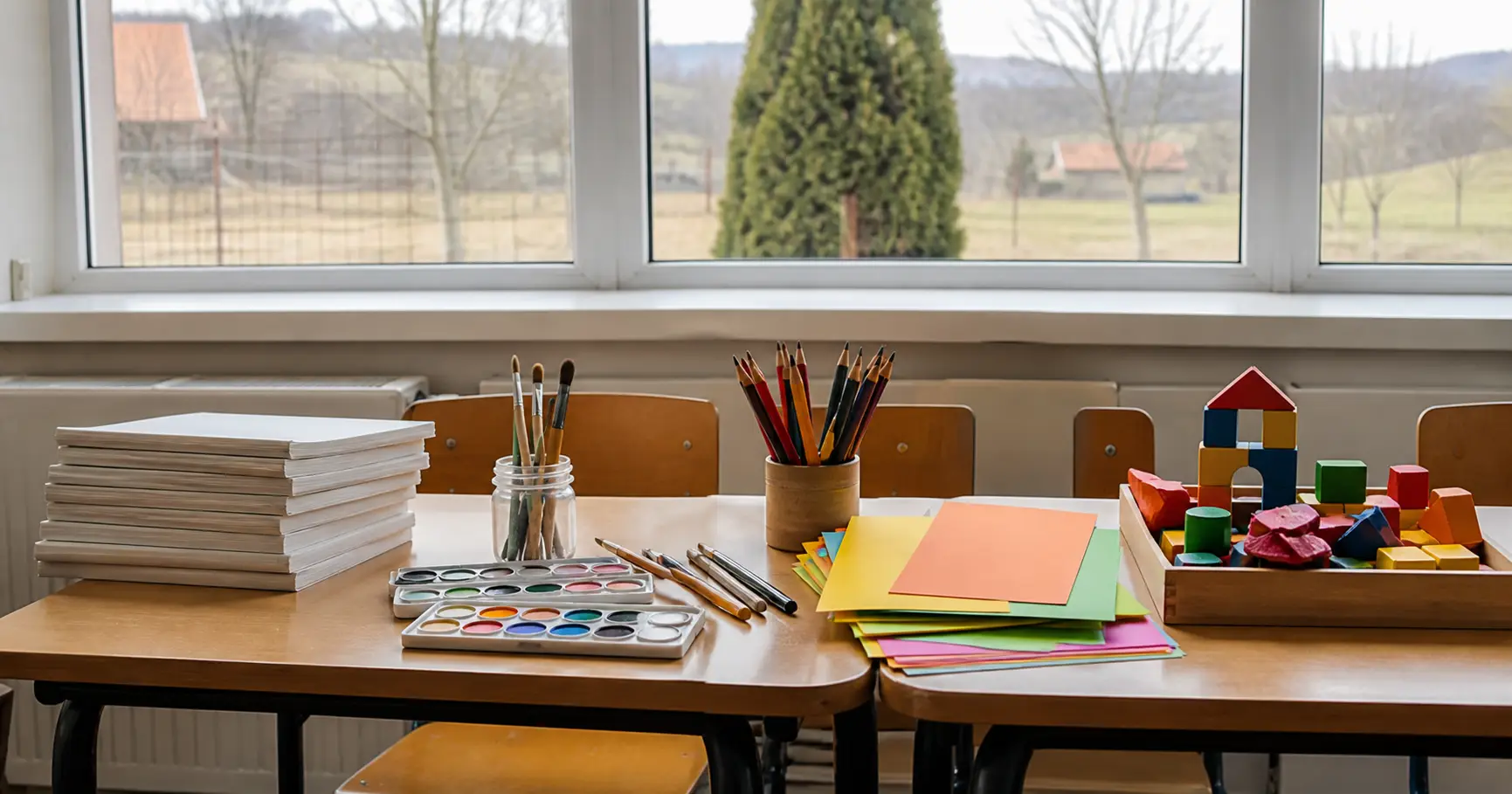 Materiale educaționale și creative așezate pe o masă