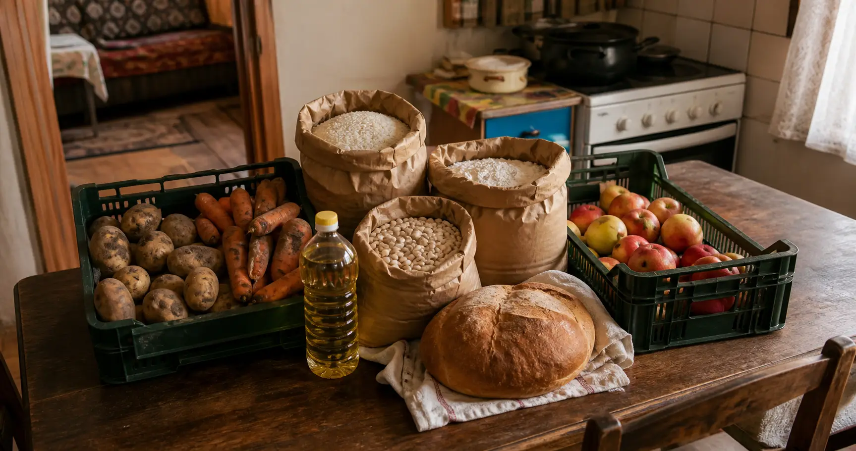 Imagine tematică pentru pachete cu alimente esențiale