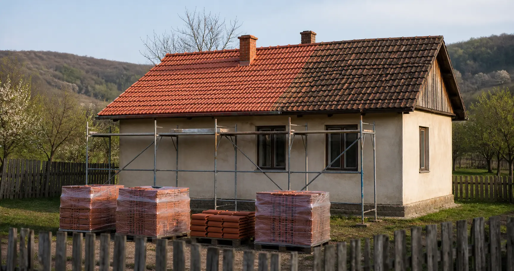 Casă rurală pentru care poate fi necesară repararea acoperișului
