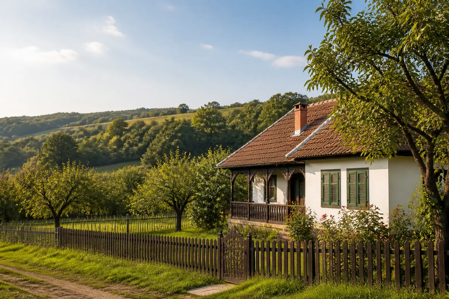 Gospodărie rurală românească într-un peisaj verde